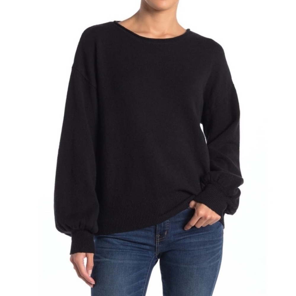 14th & Union Womens Crew Neck Balloon Sleeve Sweater Drop Banded Knit Cotton, S